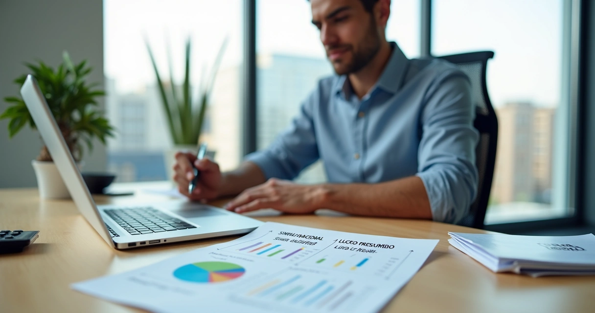 Empresário analisa gráficos fiscais em escritório moderno 