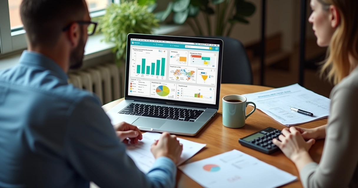 Empresário em pequeno escritório usando sistema ERP em notebook 