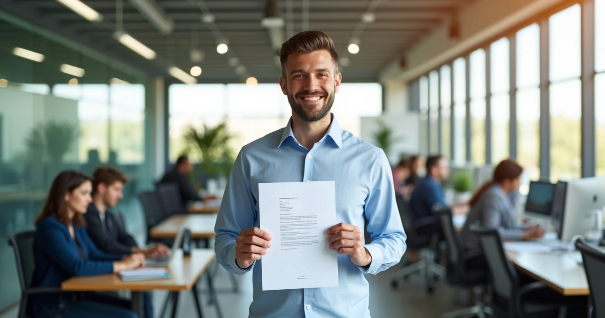 Empreendedor sorrindo segurando contrato de licitação assinado em sala moderna