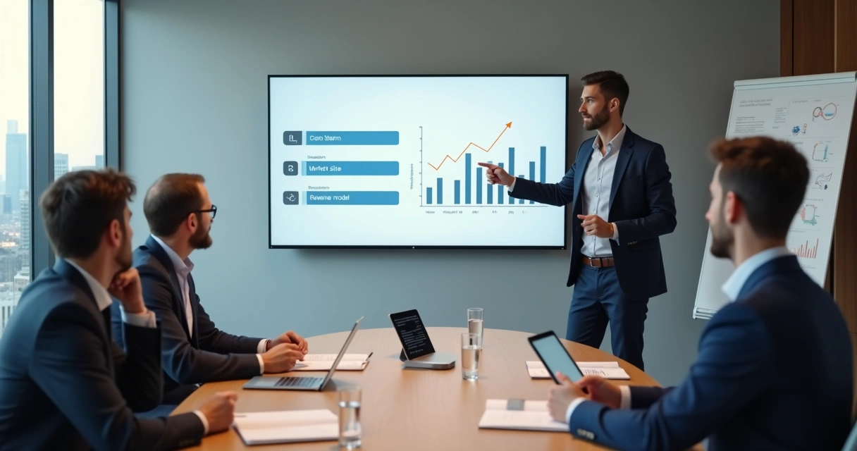 Empresário apresentando pitch para investidores em auditório pequeno 