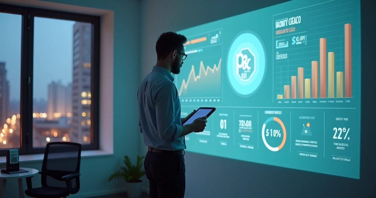 Empresário vendo projeção digital de custos Pix PJ na parede do escritório 