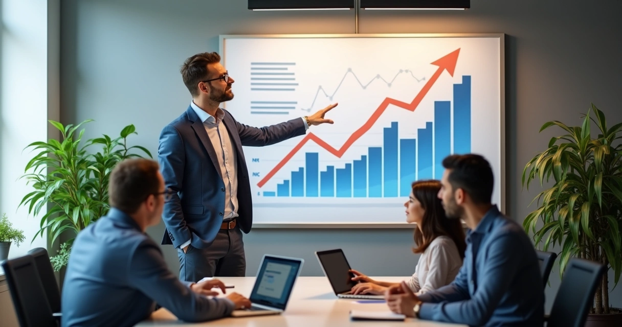 Empresário apontando para gráfico de crescimento em escritório moderno 