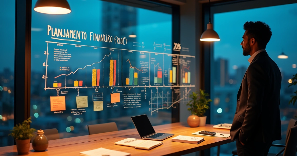 Empresário analisando linha do tempo de metas financeiras para 2026 