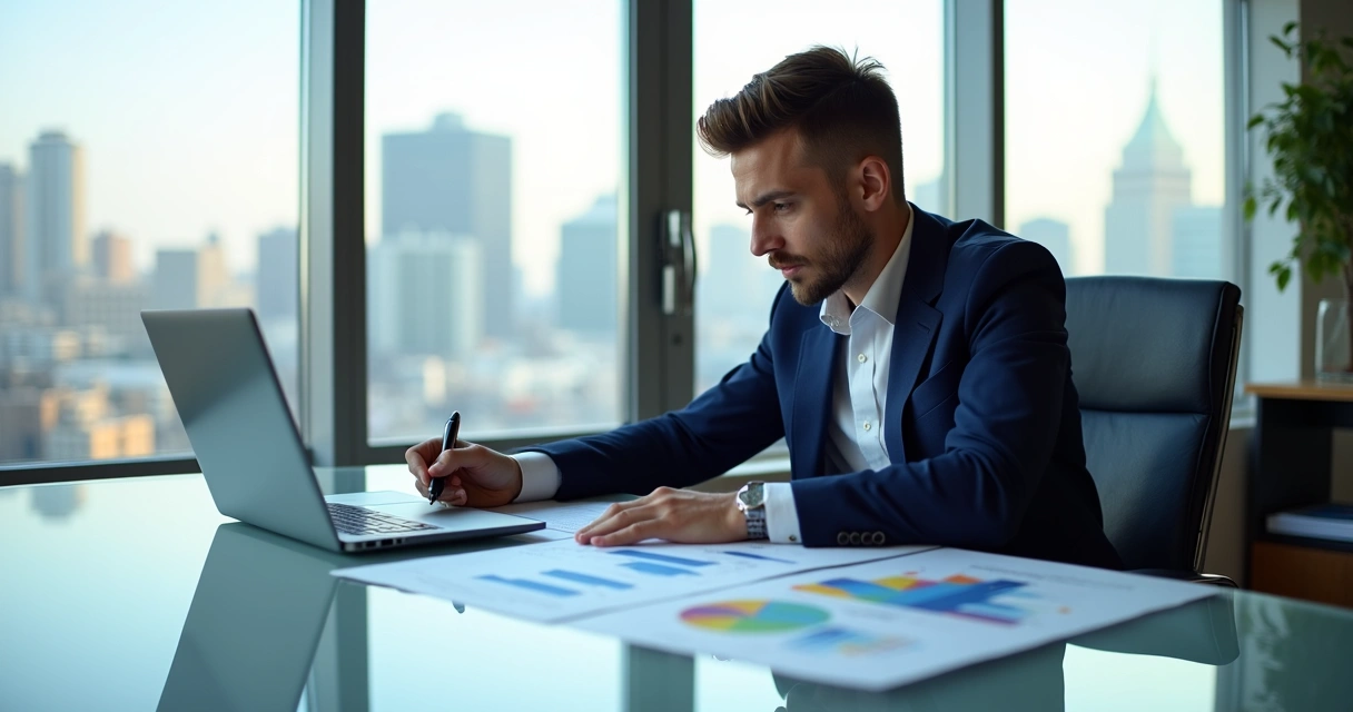 Homem de terno analisando gráficos fiscais em escritório moderno 