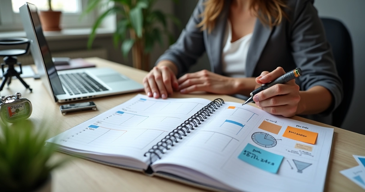 Empresário planejando marketing de conteúdo com cronômetro na mesa 