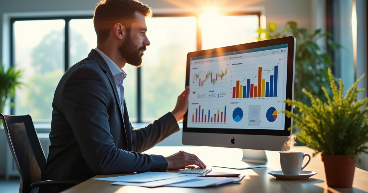 Empresário analisando dados de vendas na tela de um computador 