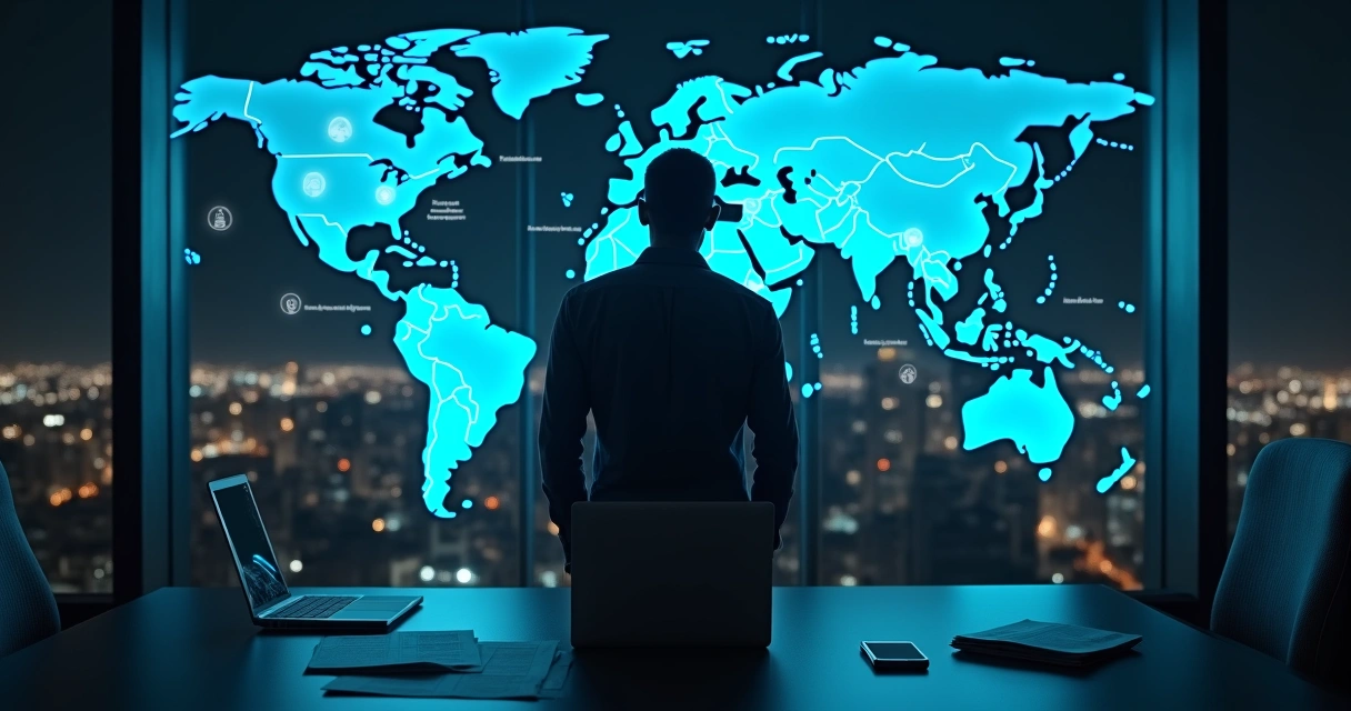 Empresário de PME brasileira analisando mapa-múndi com conexões internacionais 