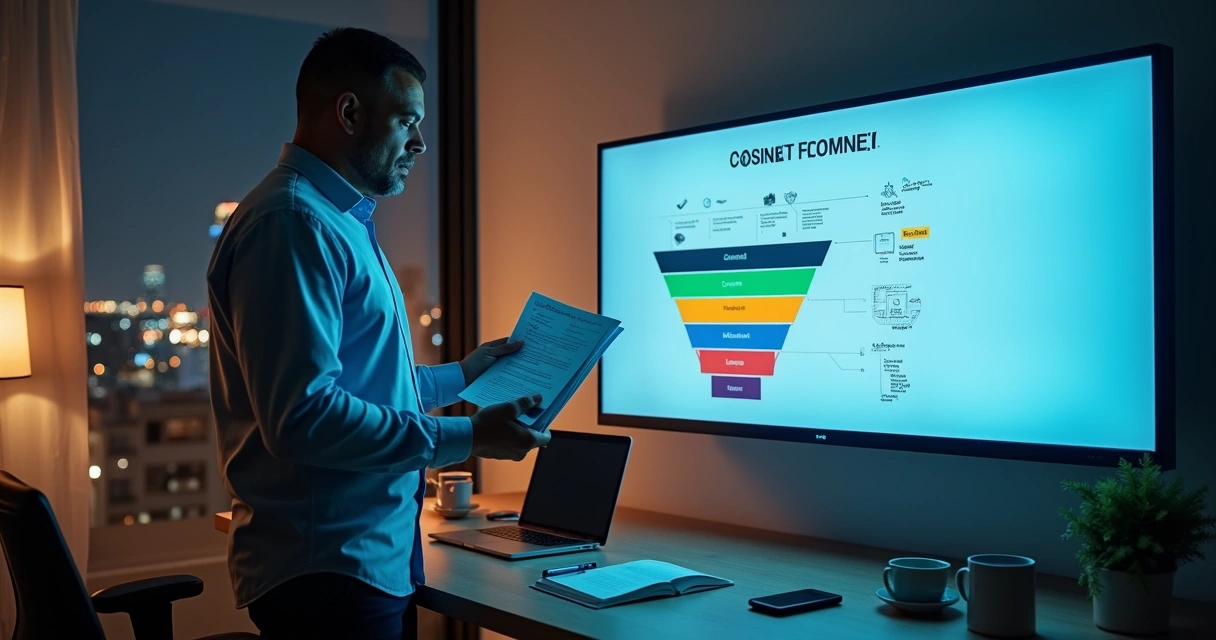 Empresário analisa jornada de funil de conteúdo em tela grande 