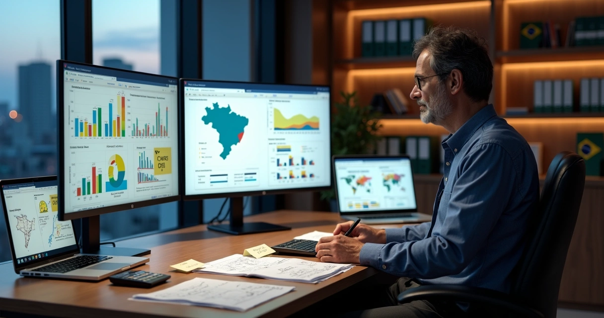 Empresário analisando planejamento tributário com gráficos de ICMS na tela 