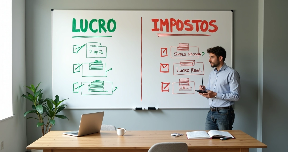 Empresário de PME brasileiro analisando quadro dividido entre lucro e impostos 