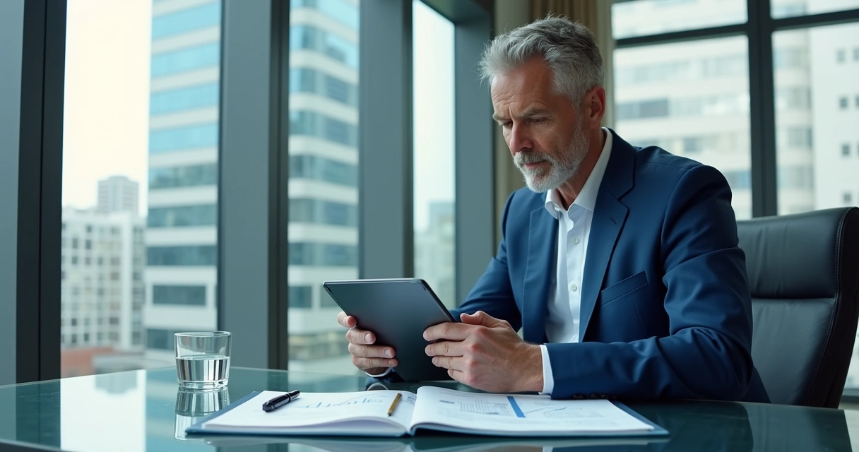 Empresário avaliando oportunidades de investimento com tablet 