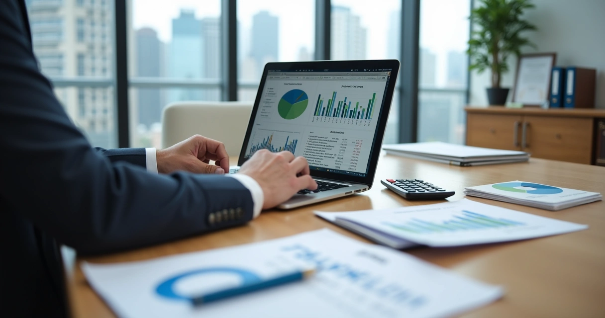Empresário analisando gráficos de impostos em escritório moderno 