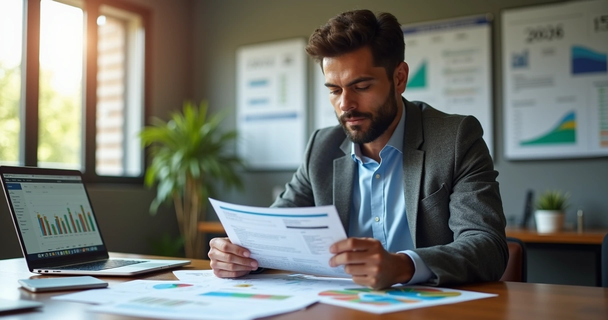 Empresário analisando planilhas e gráficos sobre mudanças tributárias 