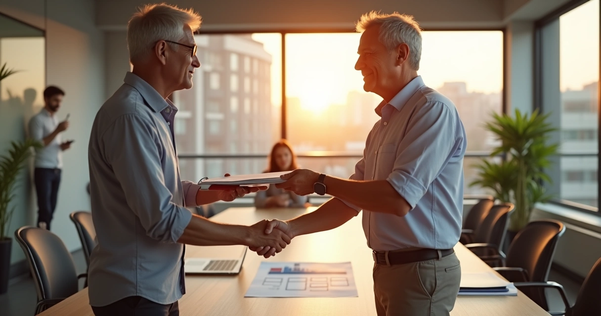 Empresário mais velho passando liderança para sucessor em sala de reuniao 