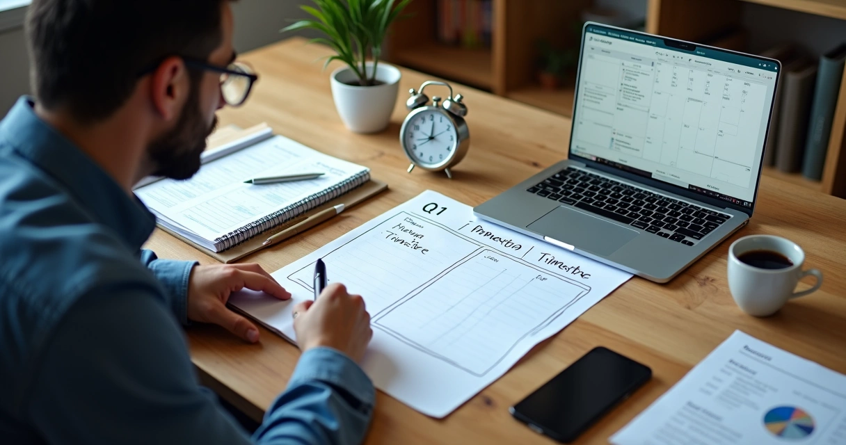 Empresário de PME organizando plano trimestral com cronômetro ao lado de notebook 