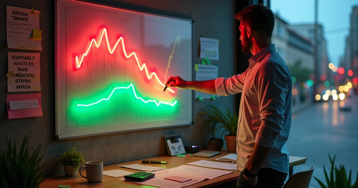 Empresário de pequena empresa planejando ações de vendas diante de gráfico em queda 