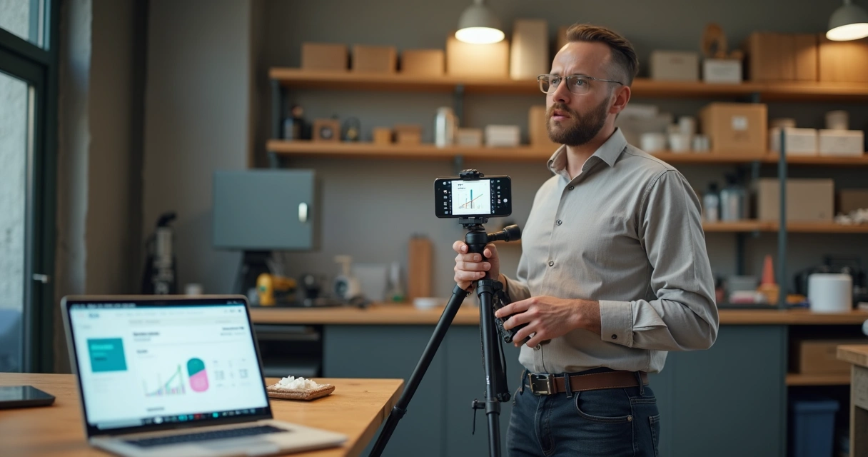 Dono de pequena empresa gravando vídeo vertical com celular em cenário de produção 