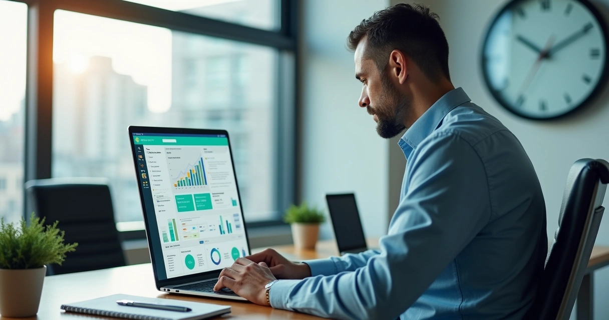 Empresário usando ChatGPT em laptop com interface avançada na tela 