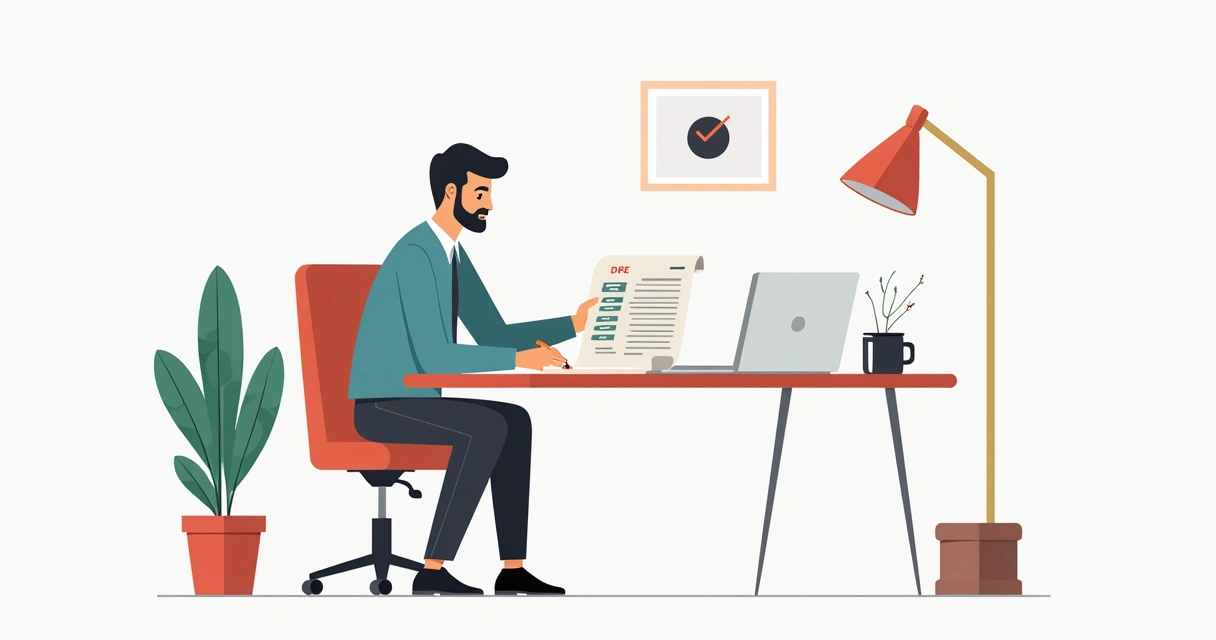 Pessoa de negócios preenchendo DRE à mão, com planilha, laptop e caneca de café. Ambiente simples e focado. 