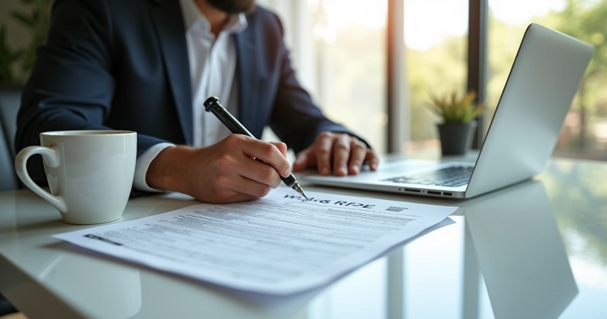 Como emitir o W-8BEN-E para empresas do Brasil nos EUA 1 Empresário sentado preenchendo formulário em papel com documentos na mesa