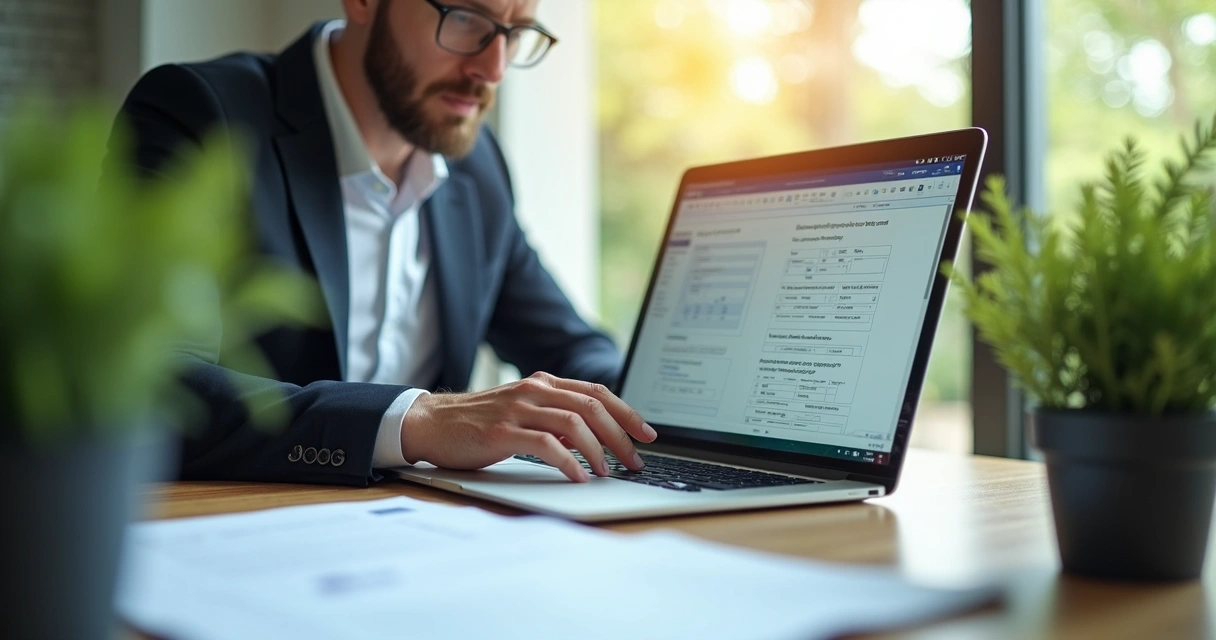 Homem preenchendo formulário digital ambiental em notebook sobre mesa com plantas e papéis 