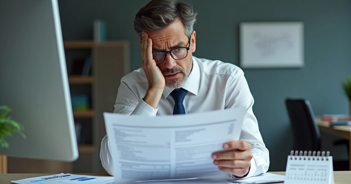 Empresário olhando papéis financeiros preocupado em seu escritório 