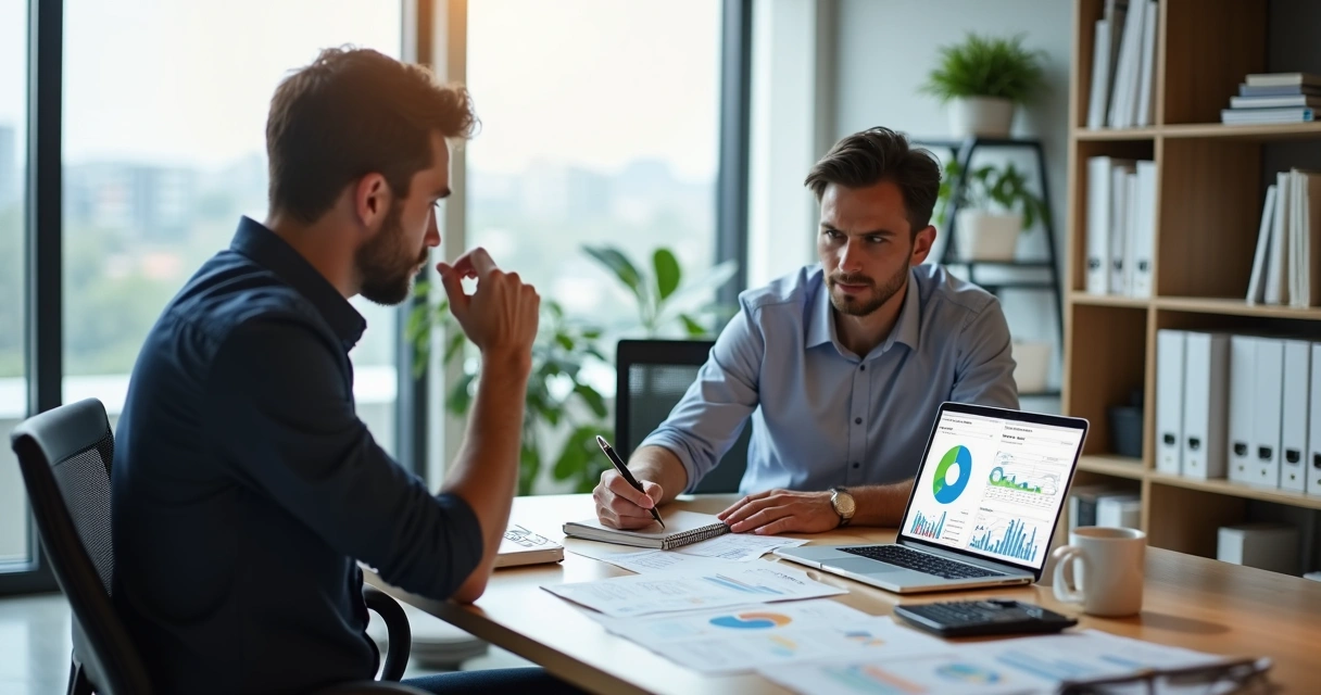 Empresário preocupado em reunião com contador avaliando relatórios financeiros 