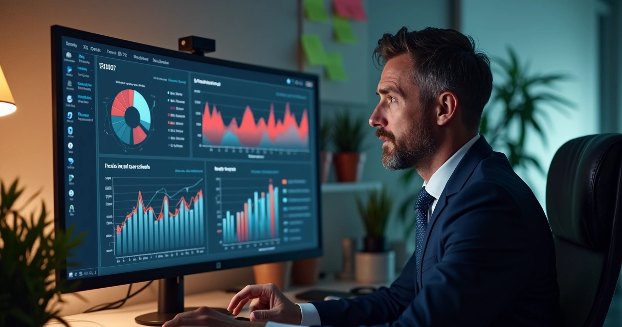 Empresário preocupado observando erros fiscais em dashboard de ERP na tela