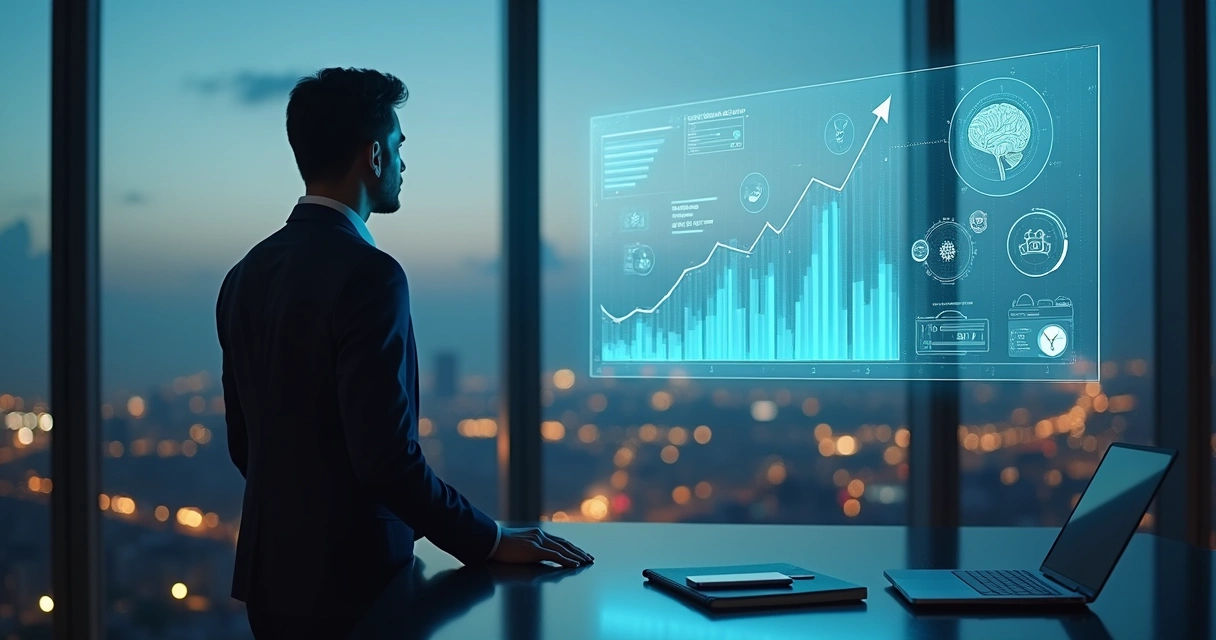 Empresário observando painel de dados com ícones de inteligência artificial 