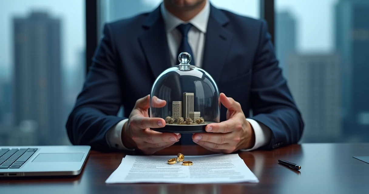 Empresário em sala de reunião protegendo símbolo de empresa entre alianças de casamento separadas 