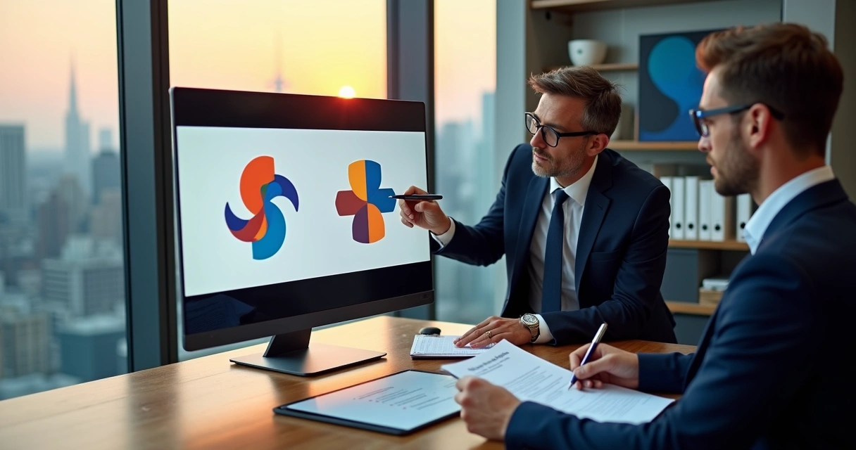 Empresário em escritório analisando logotipo duplicado no computador 