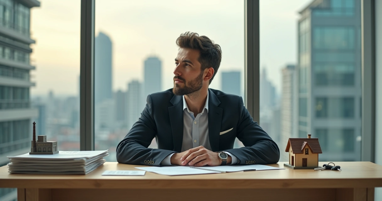Empresário brasileiro de PME com casa miniatura e contrato separado sobre a mesa 