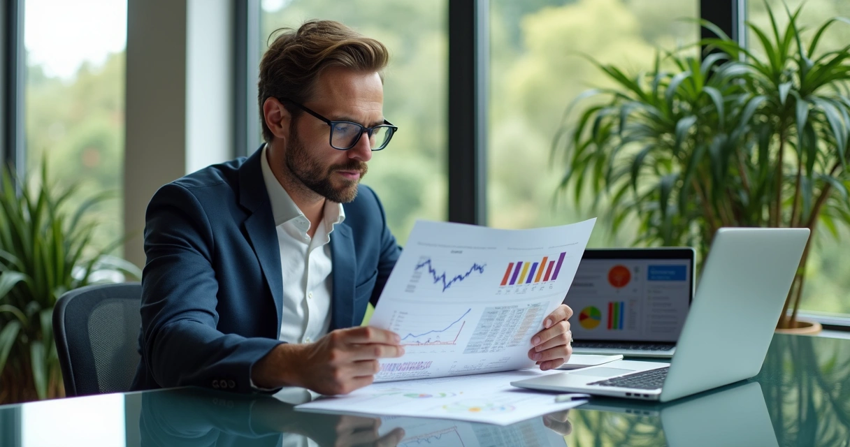 Empresário avaliando relatório financeiro detalhado em ambiente de trabalho moderno 