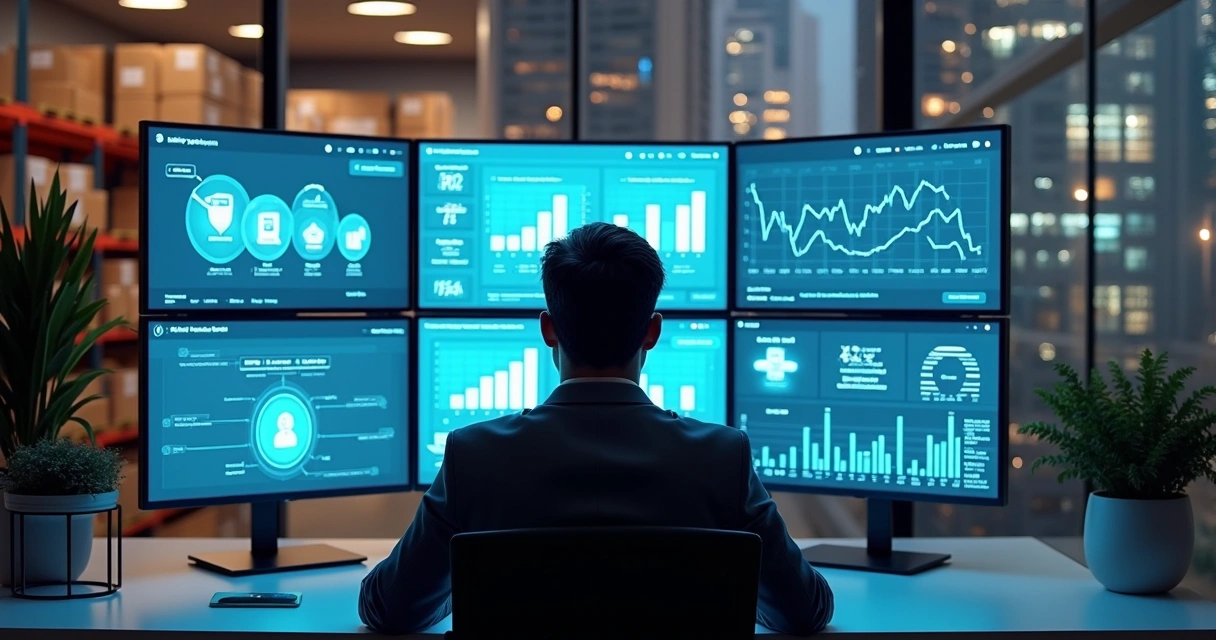 Empresário checando dados de múltiplas lojas em tela de computador 