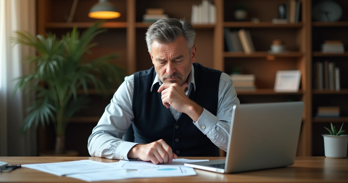 Empresário sentado sozinho, olhando relatórios, refletindo sobre decisão importante 