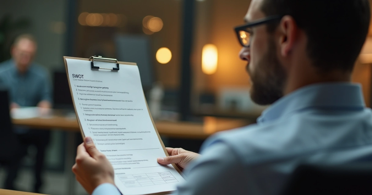 Empresário refletindo diante de um espelho, papel SWOT na mão, expressão preocupada 