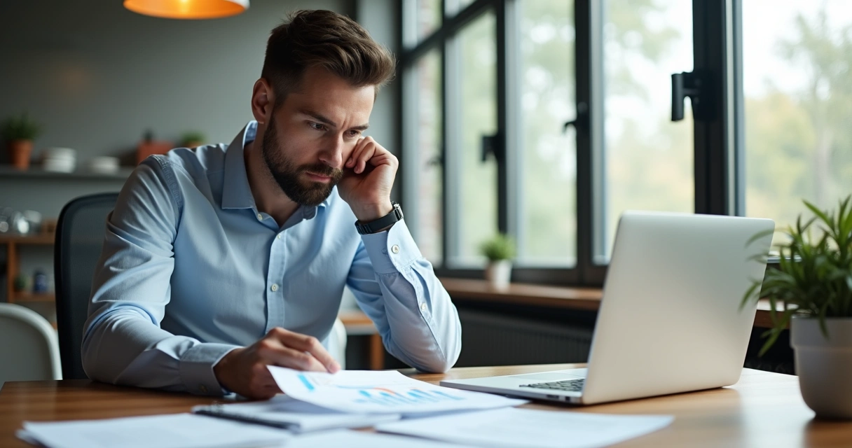 Empresário sentado à mesa, analisando papéis e planilhas 