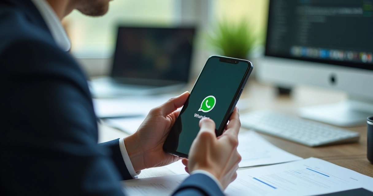 Empresário respondendo mensagem pelo WhatsApp no celular 