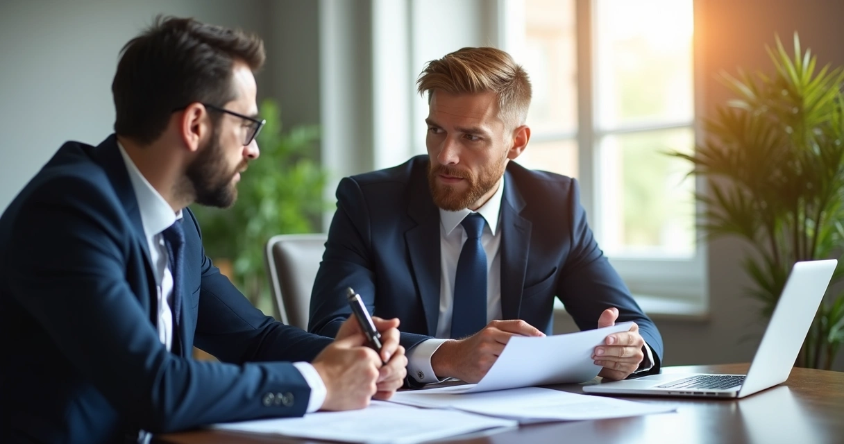 Empresário em reunião com contador e documentos em mesa 