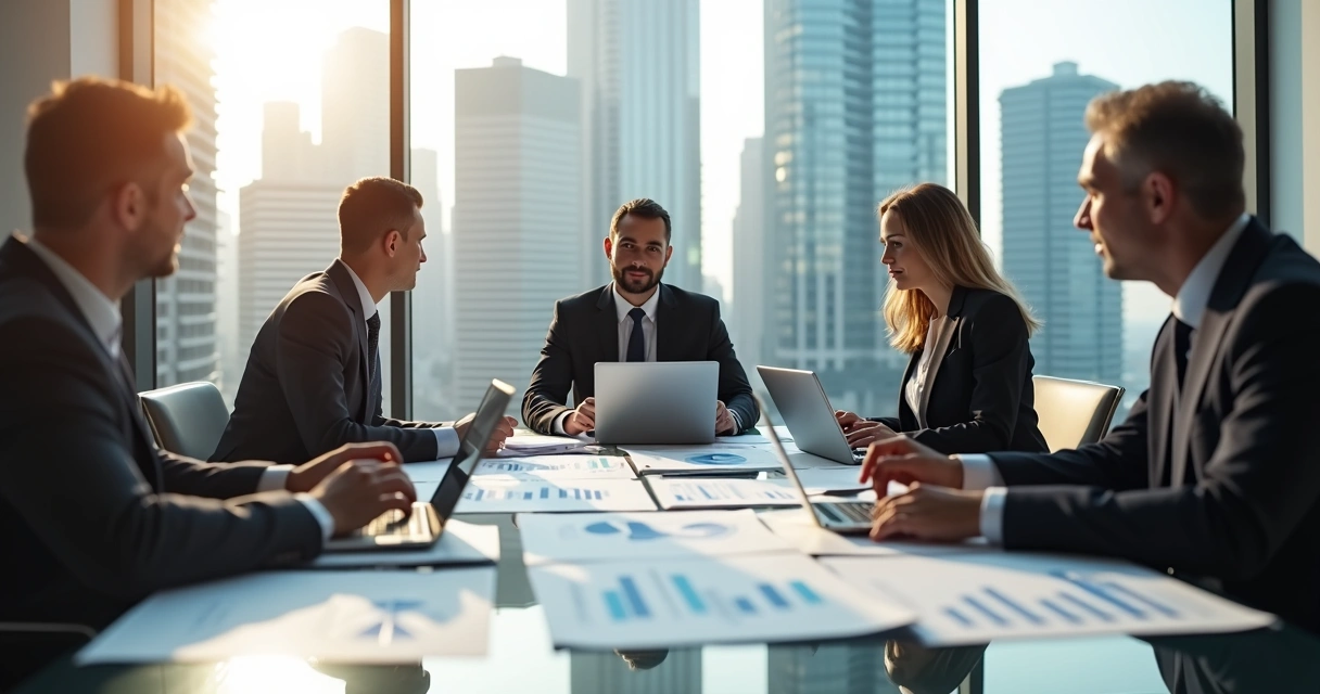 Empresário discutindo soluções financeiras em reunião corporativa em escritório moderno 