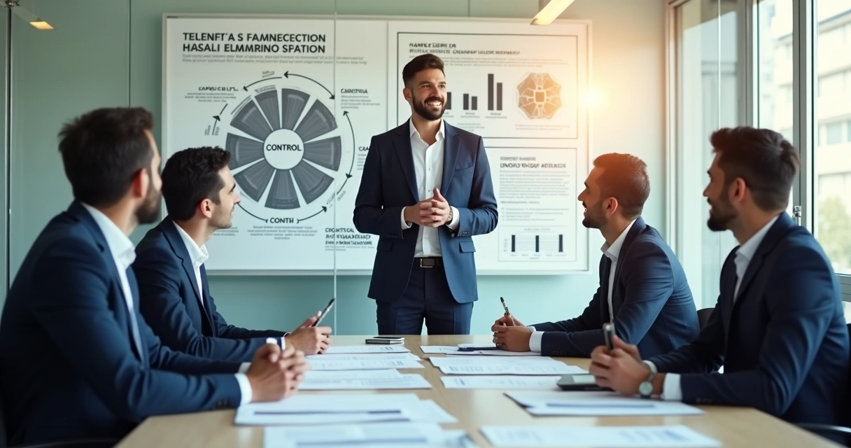 Empresário de pequena empresa apresenta plano financeiro para potenciais investidores em sala de reunião moderna 