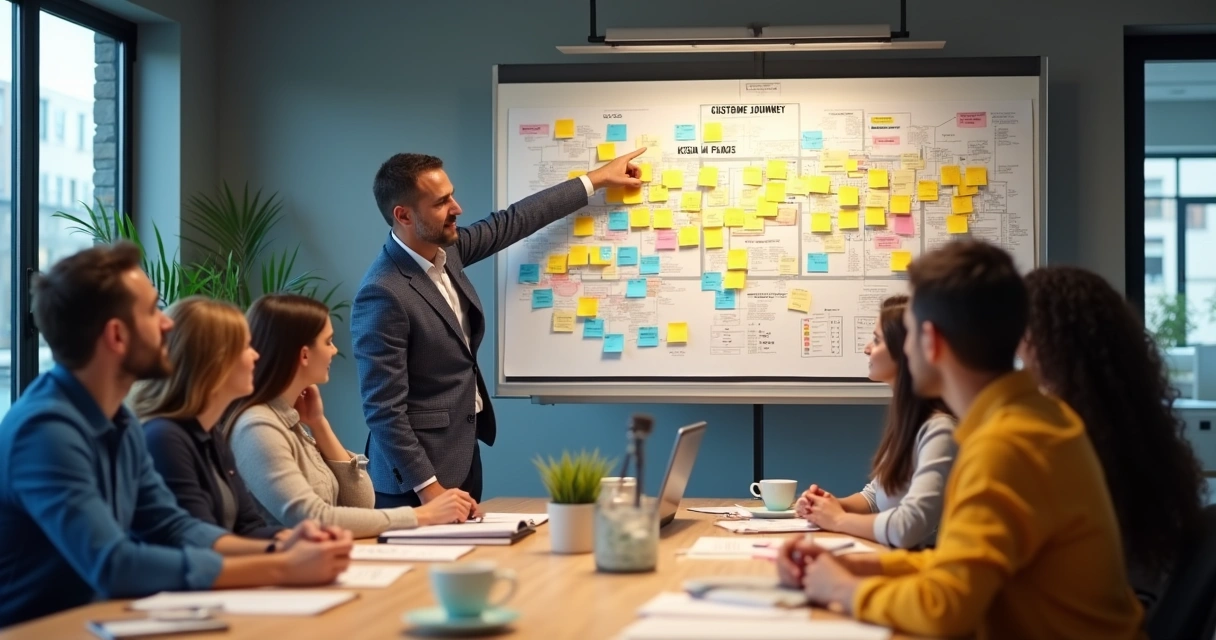 Empresário em reunião analisando mapa da jornada. 