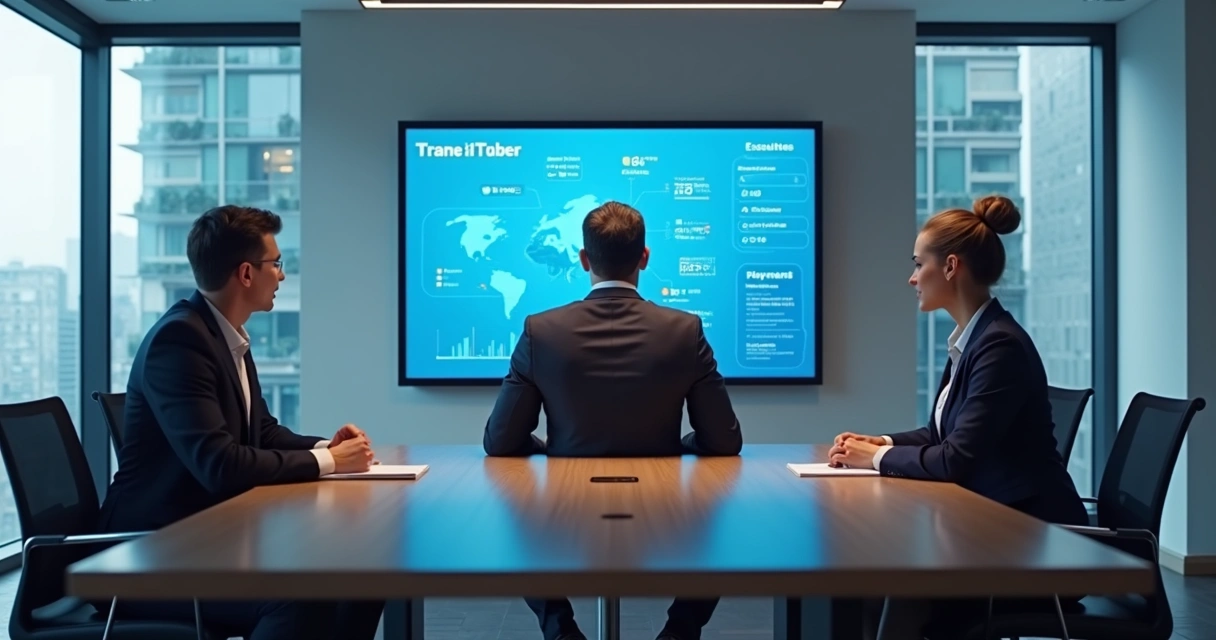 Executivo sentado em mesa de reunião com tela digital ao fundo