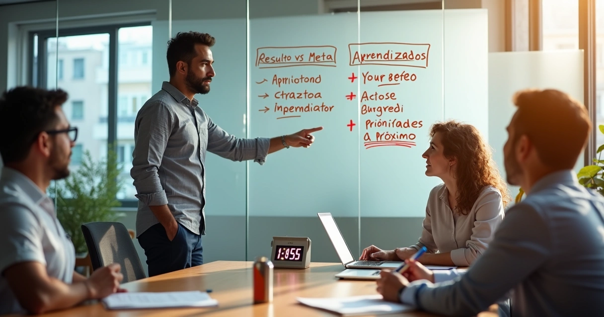 Empresário em reunião trimestral diante de lousa com prioridades destacadas 