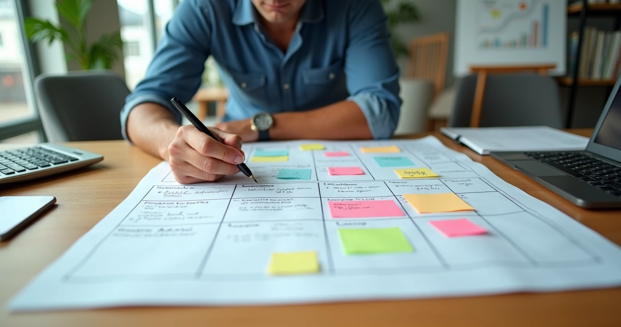 Empresário preenchendo modelo Canvas grande sobre a mesa com post-its coloridos 