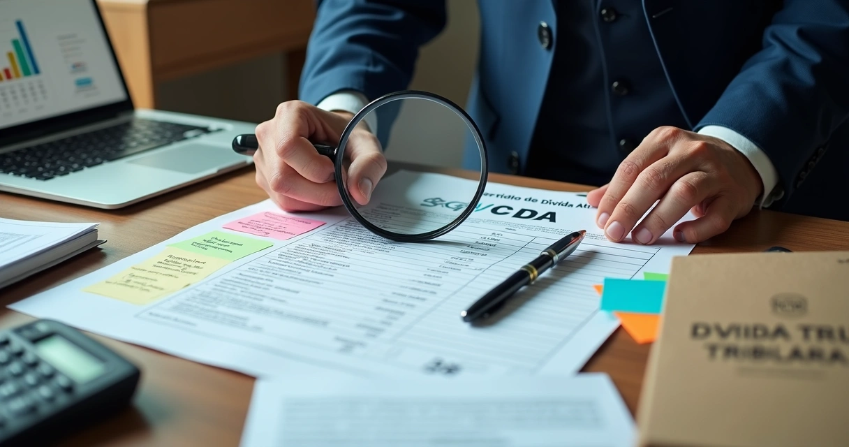 Empresário observando com lupa detalhes de uma CDA sobre a mesa 