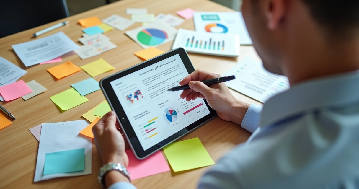 Empresário revendo anotações no tablet com gráficos e post-its ao redor 