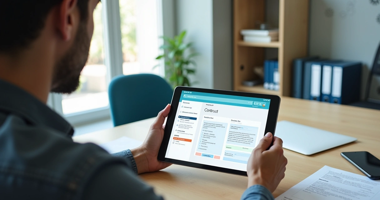 Empresário analisando proposta comercial em tablet sobre mesa de trabalho organizada 