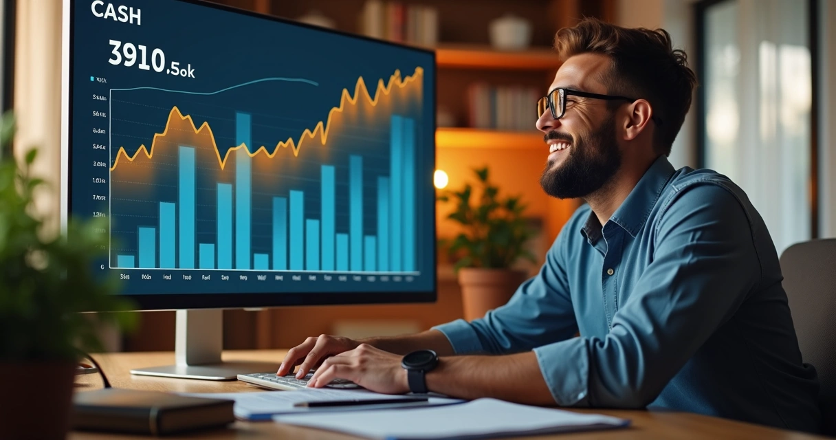 Empresário feliz analisando gráficos financeiros na tela 