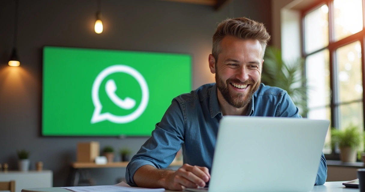 Empresário satisfeito analisando resultados do bot no WhatsApp em seu laptop